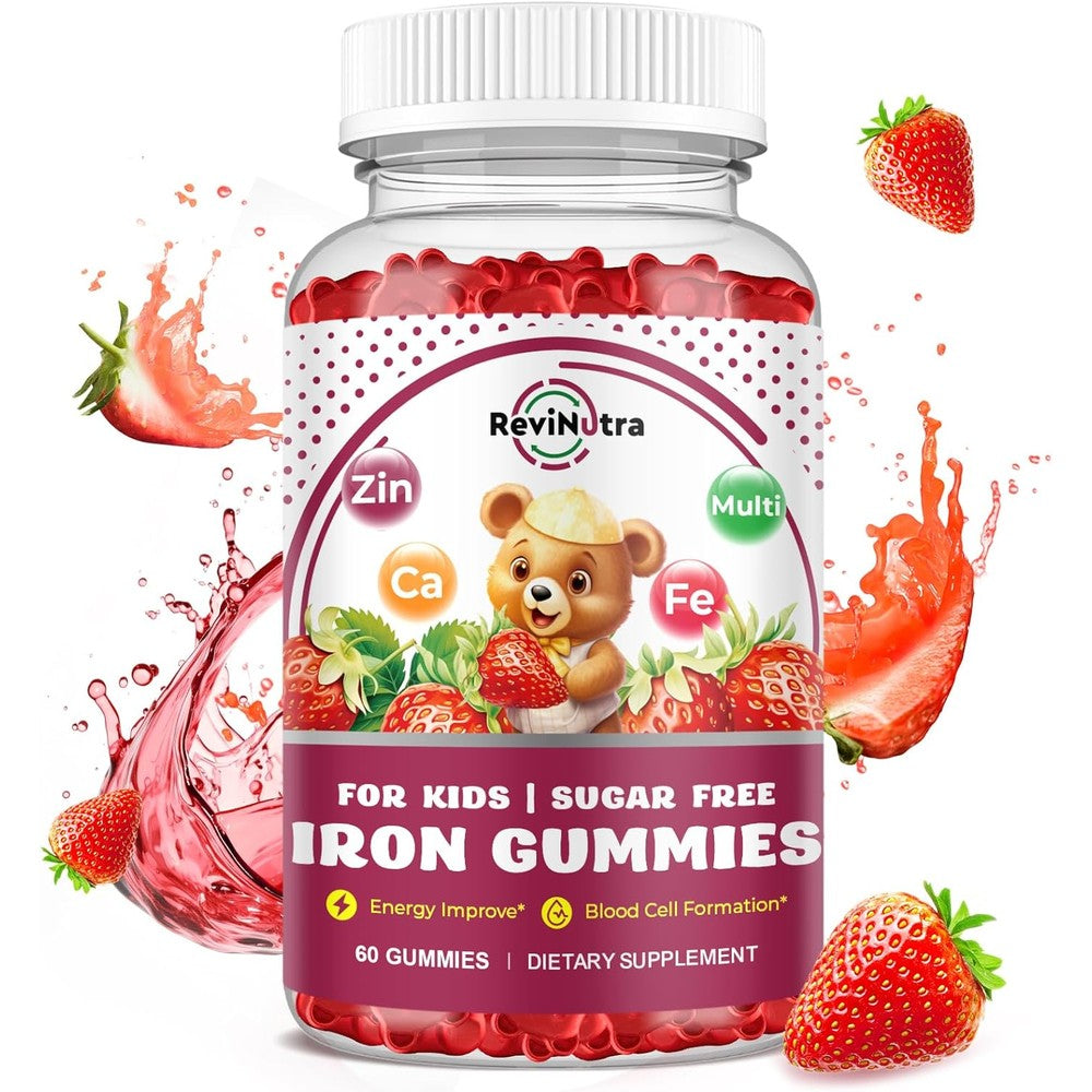 ReviNutra Iron Supplement Gummies For Kids front view bottle showing premium USA imported packaging