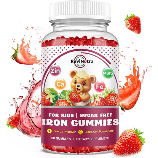 ReviNutra Iron Supplement Gummies For Kids front view bottle showing premium USA imported packaging