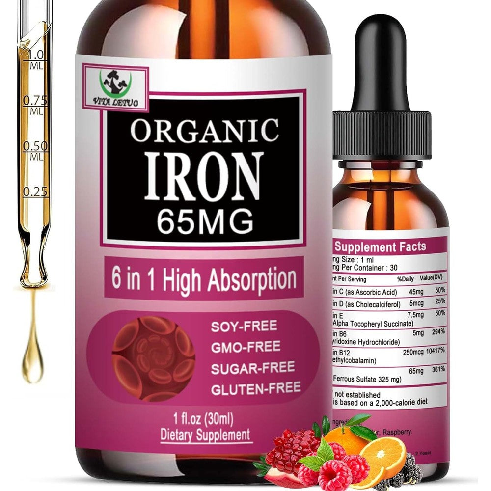 Vita Letuo Liquid Iron Supplement for Women front view showcasing the dropper bottle packaging.