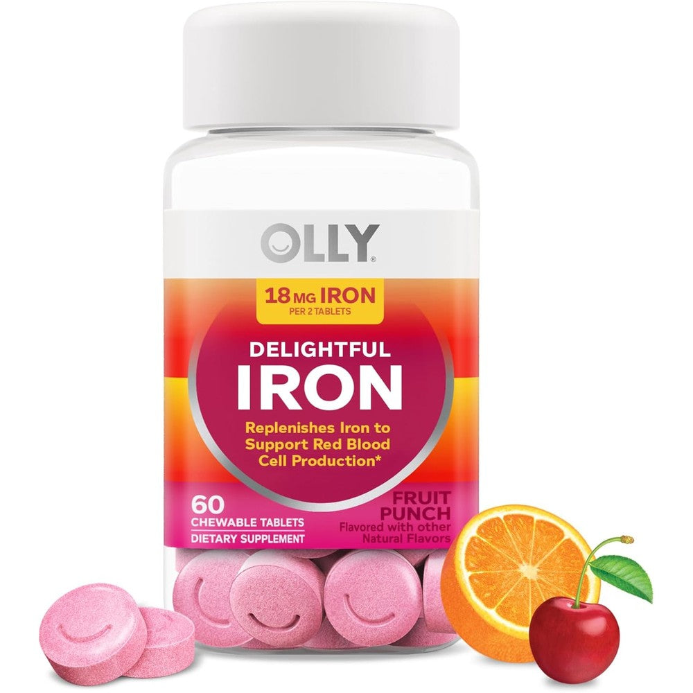 OLLY Delightful Iron Chewable Tablets front bottle view for daily energy support