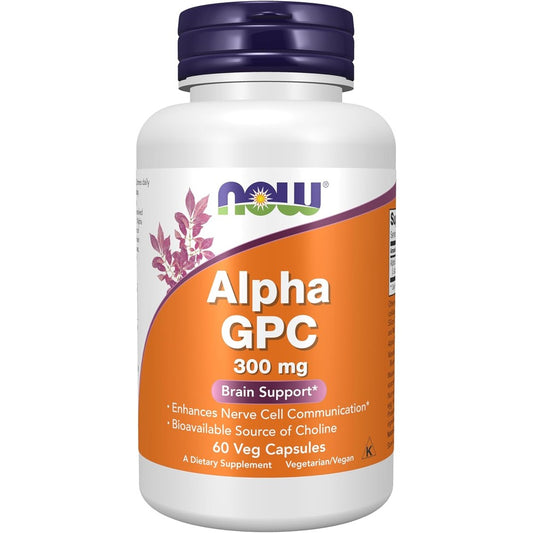 Now Foods Alpha GPC 300 mg front view of supplement bottle