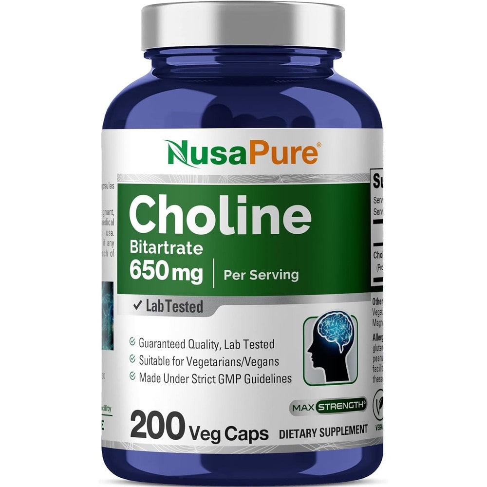 NusaPure Choline Bitartrate 650mg 200 Capsules front view cognitive supplement
