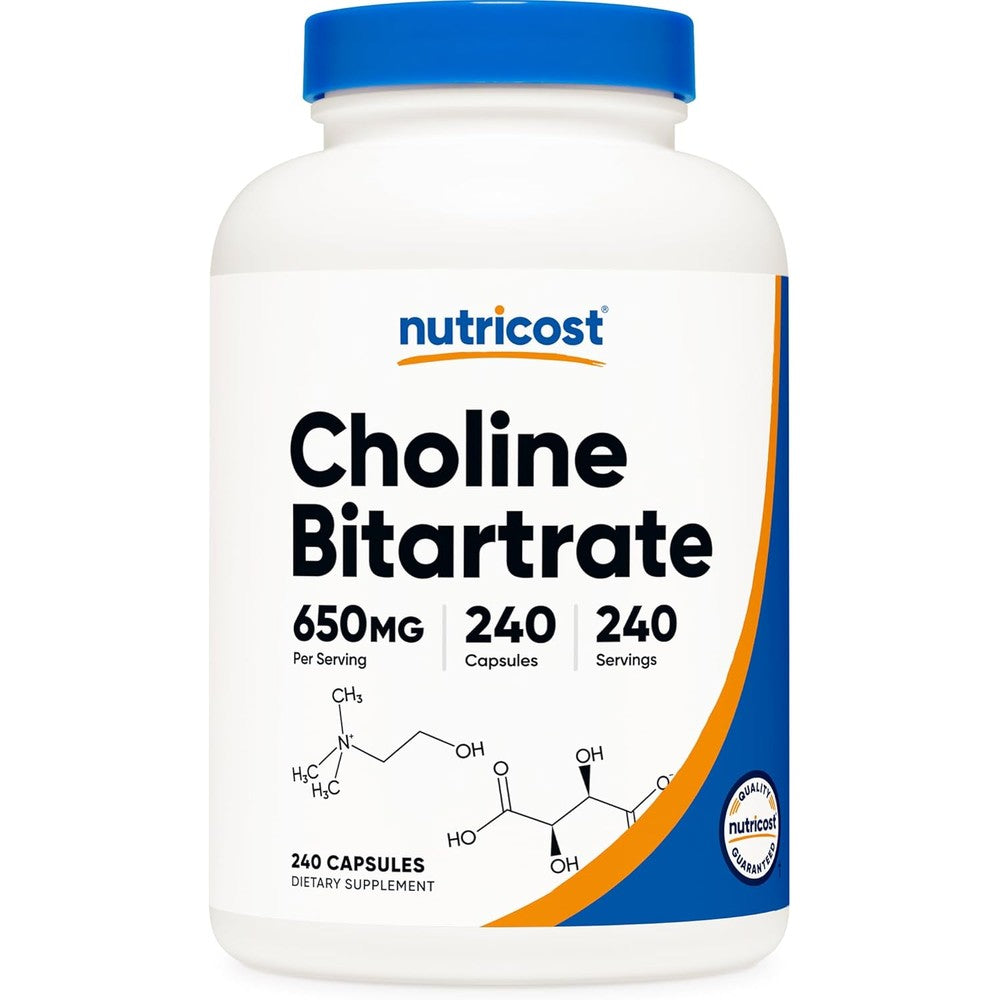Nutricost Choline Bitartrate 650mg bottle front view for brain health
