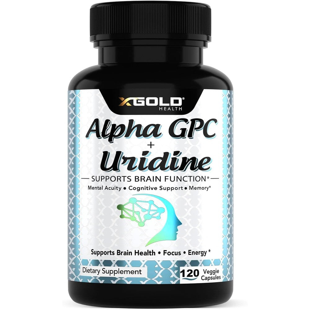 X Gold Health Alpha GPC and Uridine nootropic supplement bottle front view.