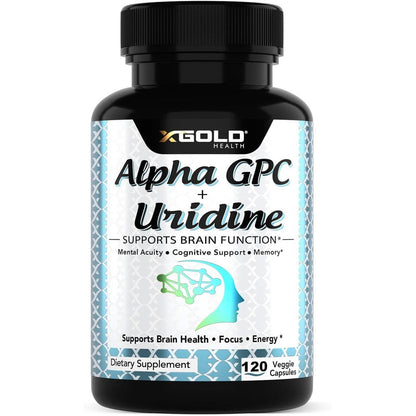 X Gold Health Alpha GPC and Uridine nootropic supplement bottle front view.