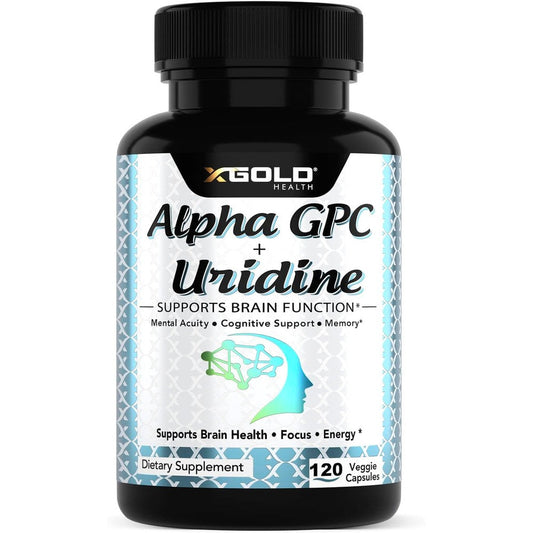 X Gold Health Alpha GPC and Uridine nootropic supplement bottle front view.