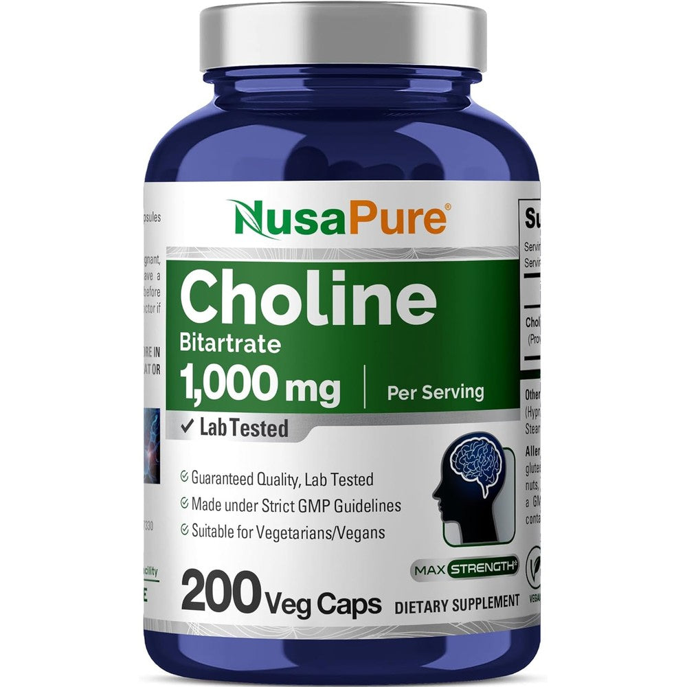 NusaPure Choline Bitartrate 1000mg front bottle view