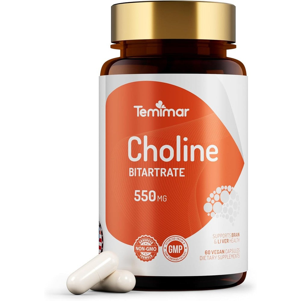 Temimar Choline Bitartrate 550mg bottle front view for brain health support