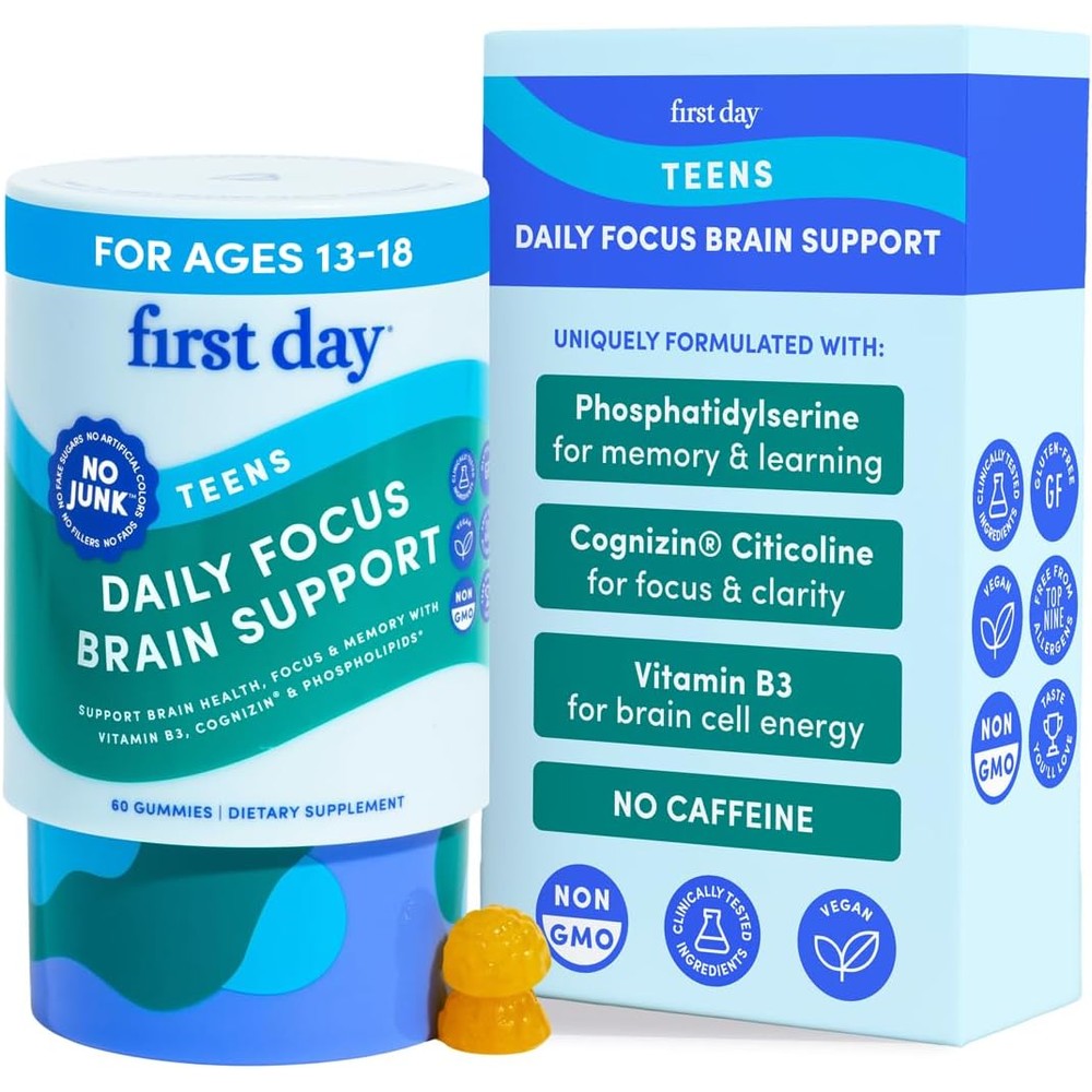 First Day Teen Brain and Focus Supplement Gummies front bottle view for study support