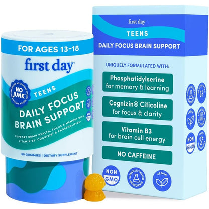 First Day Teen Brain and Focus Supplement Gummies front bottle view for study support