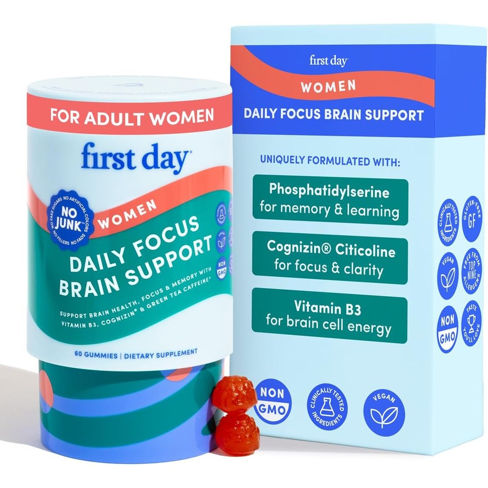 FIRST DAY Women's Brain Gummies 60 count container front view for cognitive health