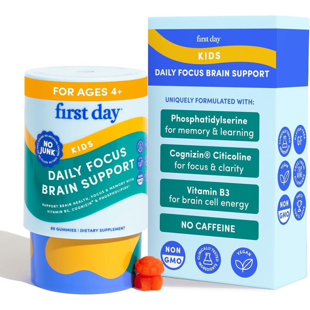 First Day Kids Focus and Brain Gummies front view bottle for children attention support