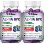 Nelishine Liposomal Alpha GPC gummies front view bottle pack for brain health.