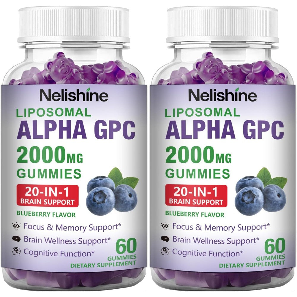 Nelishine Liposomal Alpha GPC gummies front view bottle pack for brain health.