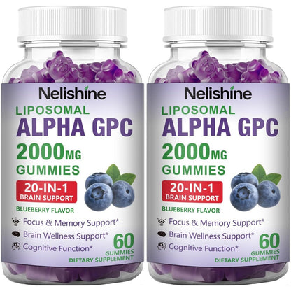Nelishine Liposomal Alpha GPC gummies front view bottle pack for brain health.