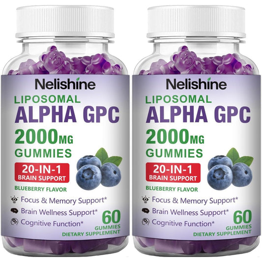 Nelishine Liposomal Alpha GPC gummies front view bottle pack for brain health.