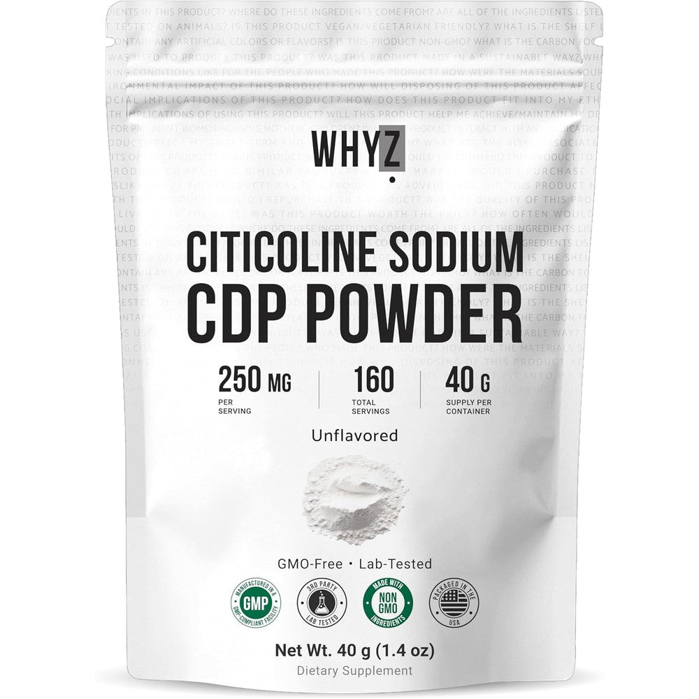 QPUYT WHYZ Pure Citicoline CDP Choline Powder 40g front view for cognitive support.