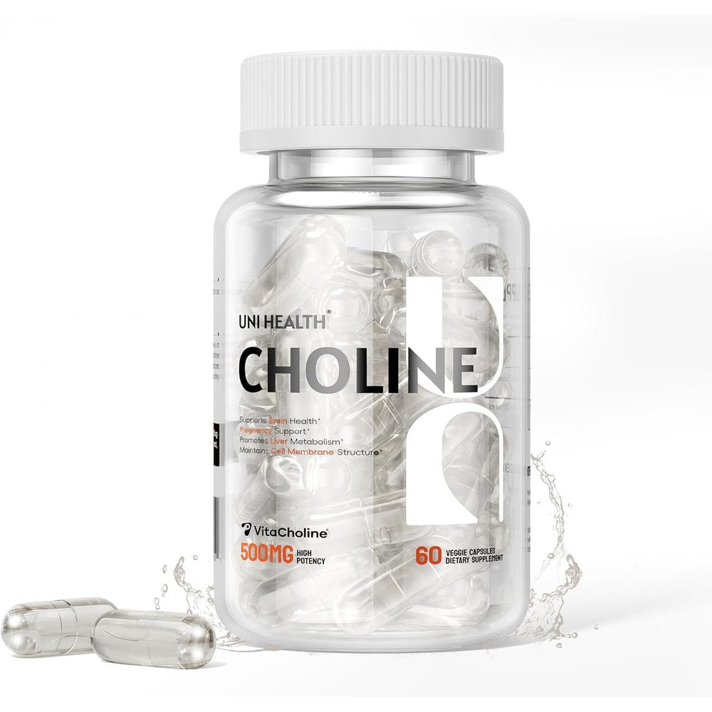 UniHealth Choline 500mg VitaCholine front label view of the 60 liquid vegan capsules bottle