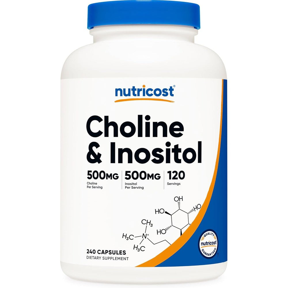 Nutricost Choline and Inositol 1000mg 240 capsules front bottle view for daily cognitive and liver support.