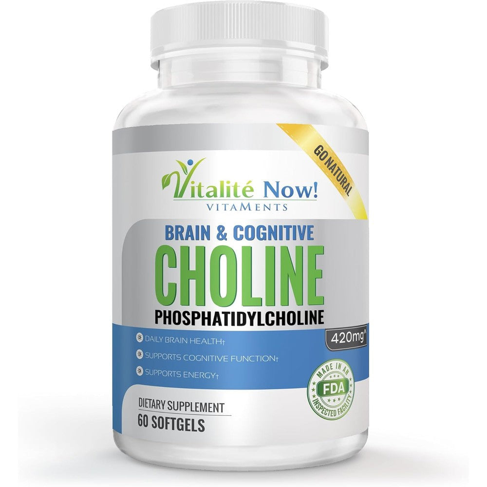 Vitalité Now Phosphatidylcholine 420mg 60 softgels front view bottle for brain health.