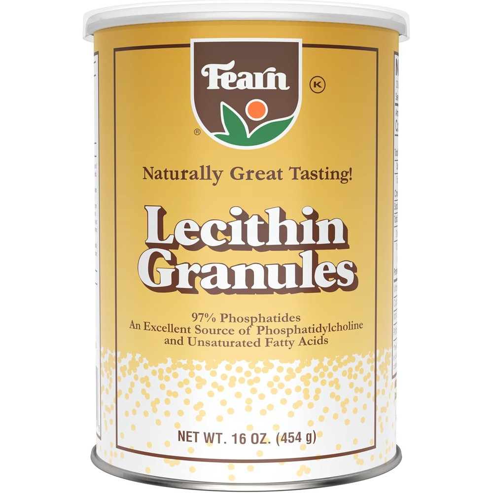 Fearn Natural Foods Soy Lecithin Granules sixteen ounce canister front view showing nutrition label details.