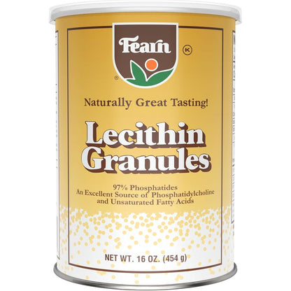 Fearn Natural Foods Soy Lecithin Granules sixteen ounce canister front view showing nutrition label details.