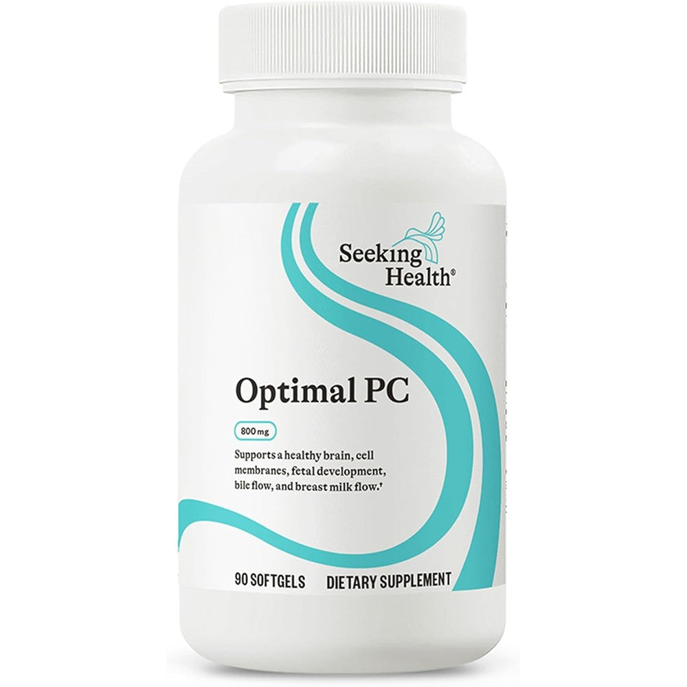 Seeking Health Optimal PC 90 softgels bottle front view showcasing authentic USA imported packaging for brain and liver support supplement.