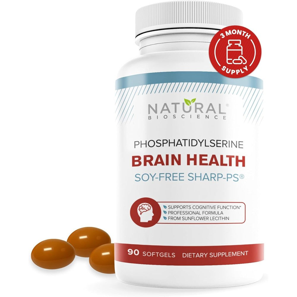Natural BioScience Soy Free Phosphatidylserine 100mg front view bottle showcasing the brain health supplement label.