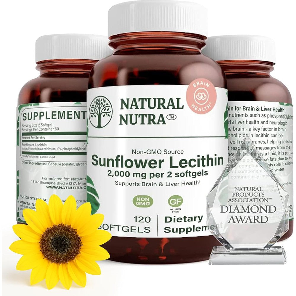 Natural Nutra Sunflower Lecithin 2000 mg bottle front view for premium liver and brain support.