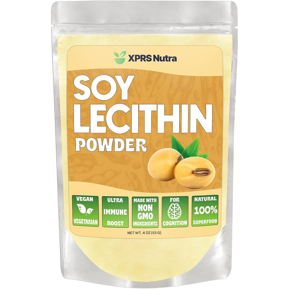 XPRS Nutra Soy Lecithin Powder 4 Ounce front view packaging showing authentic food grade vegan emulsifier labels.