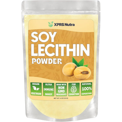 XPRS Nutra Soy Lecithin Powder 4 Ounce front view packaging showing authentic food grade vegan emulsifier labels.