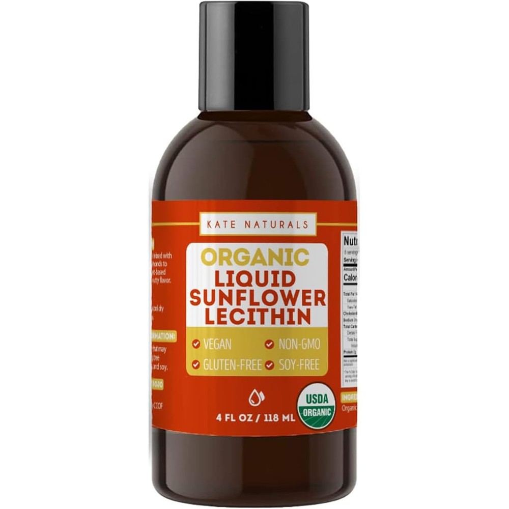 Kate Naturals Organic Sunflower Lecithin Liquid front bottle view for baking