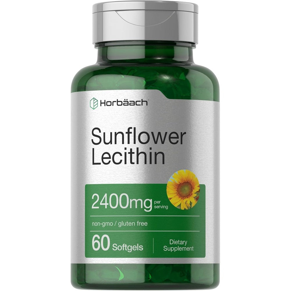 Horbäach Sunflower Lecithin 2400mg 60 softgel capsules front view bottle layout