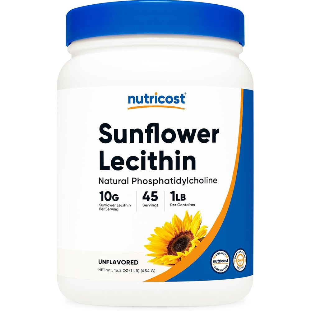 Nutricost Sunflower Lecithin Powder 1 Pound front container view showing vegan and gluten-free labels