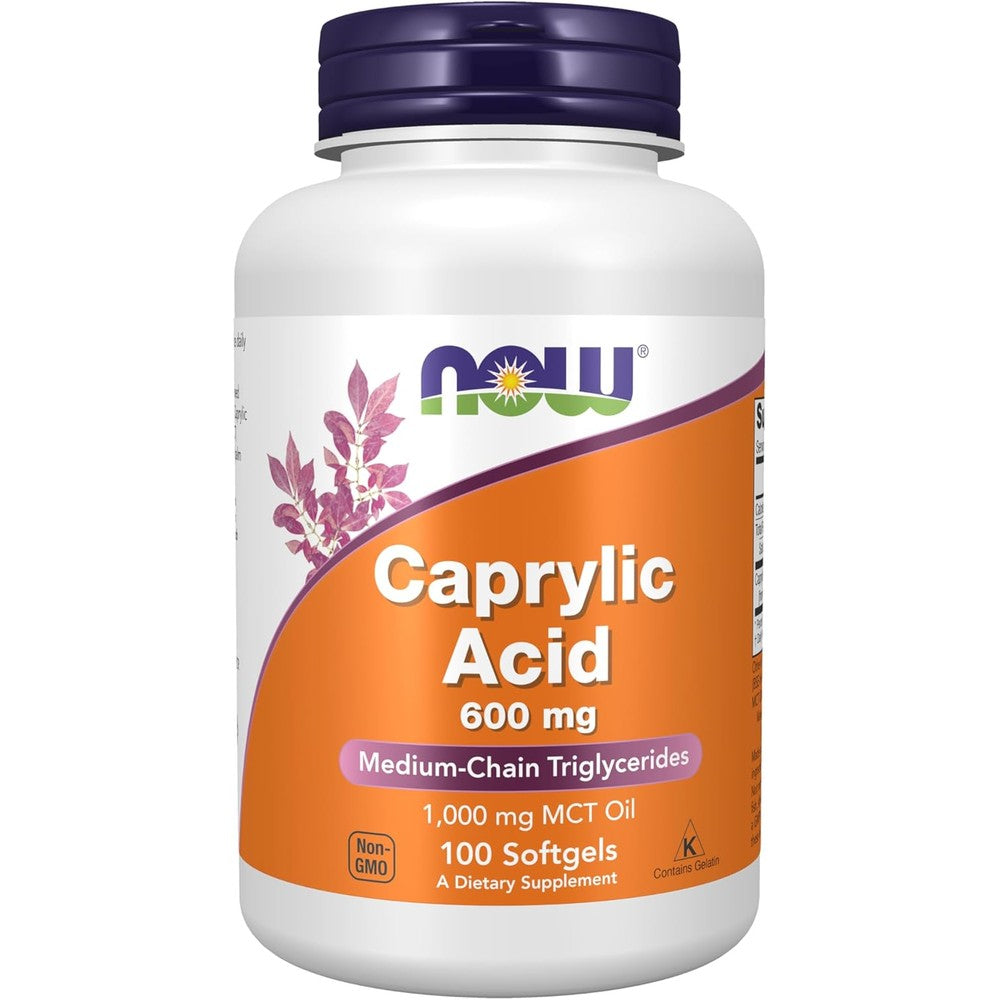 Now Foods Caprylic Acid 600 mg 100 Softgels front view packaging