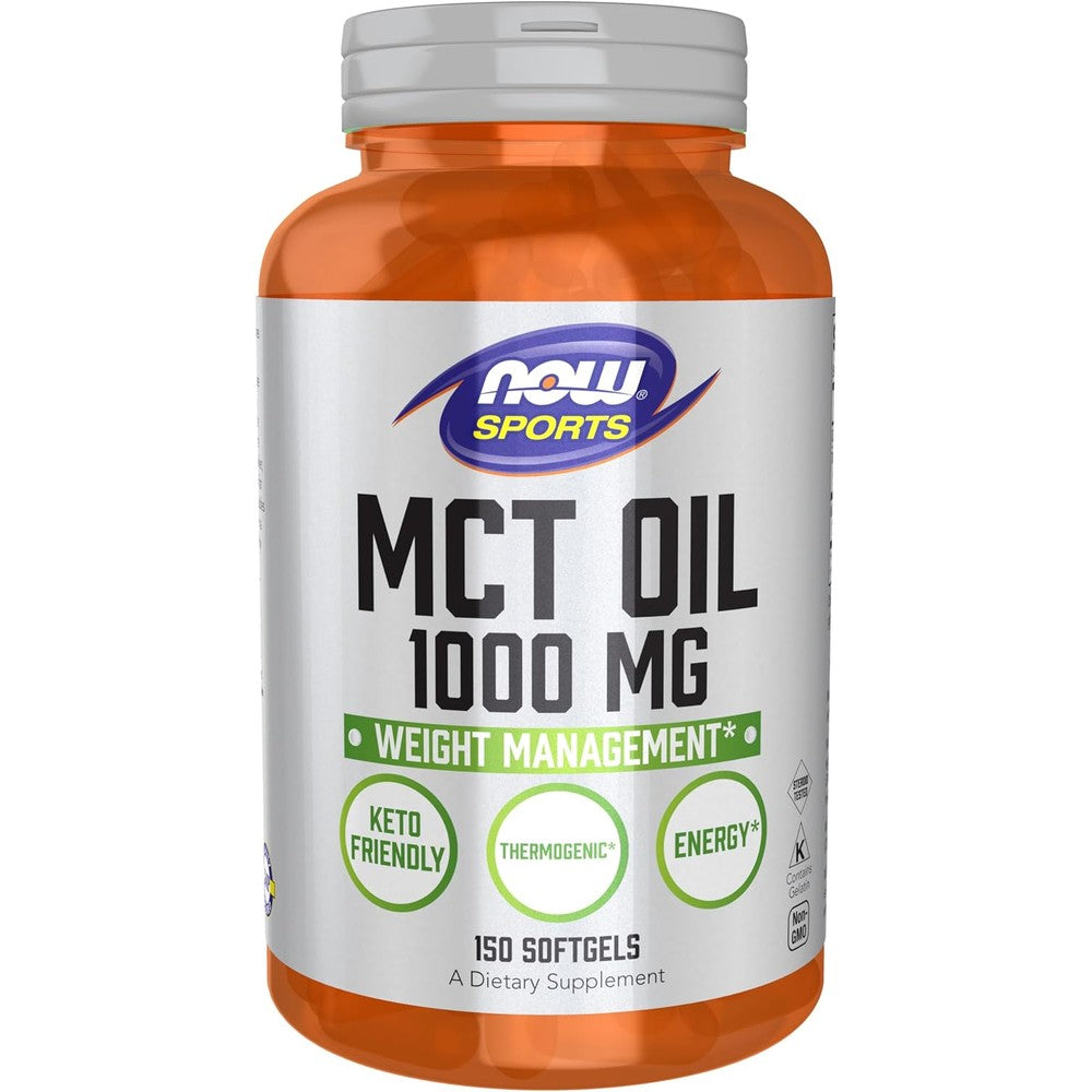 NOW Foods Sports MCT Oil 1000 mg 150 softgels front view showcasing the weight management supplement bottle.