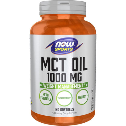 NOW Foods Sports MCT Oil 1000 mg 150 softgels front view showcasing the weight management supplement bottle.