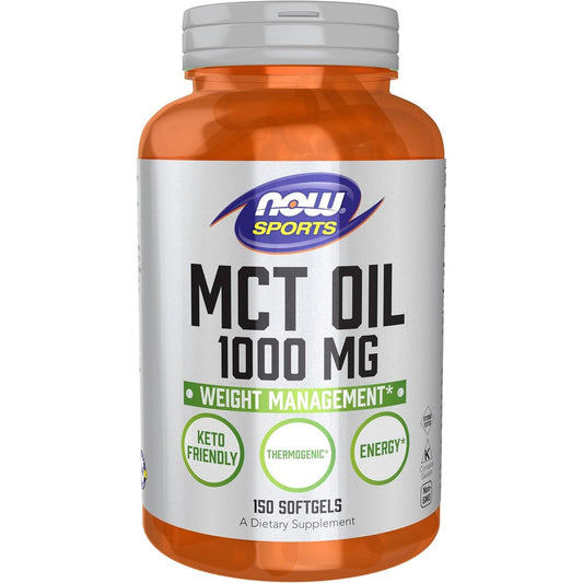 NOW Foods Sports MCT Oil 1000 mg 150 softgels front view showcasing the weight management supplement bottle.