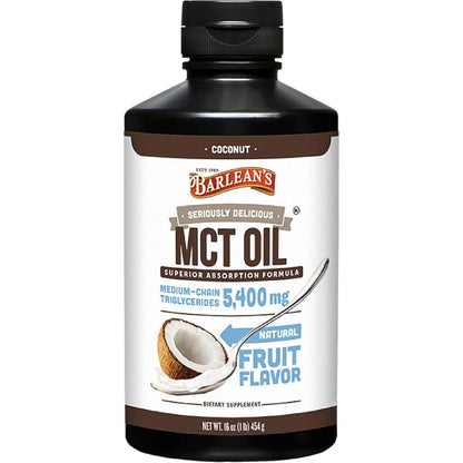 Barlean's Seriously Delicious Coconut MCT Oil bottle front view for keto coffee enhancement.