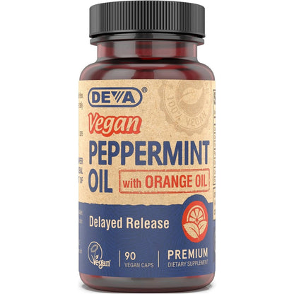 DEVA Vegan Peppermint Oil 90 capsules front bottle view for vegan digestive support