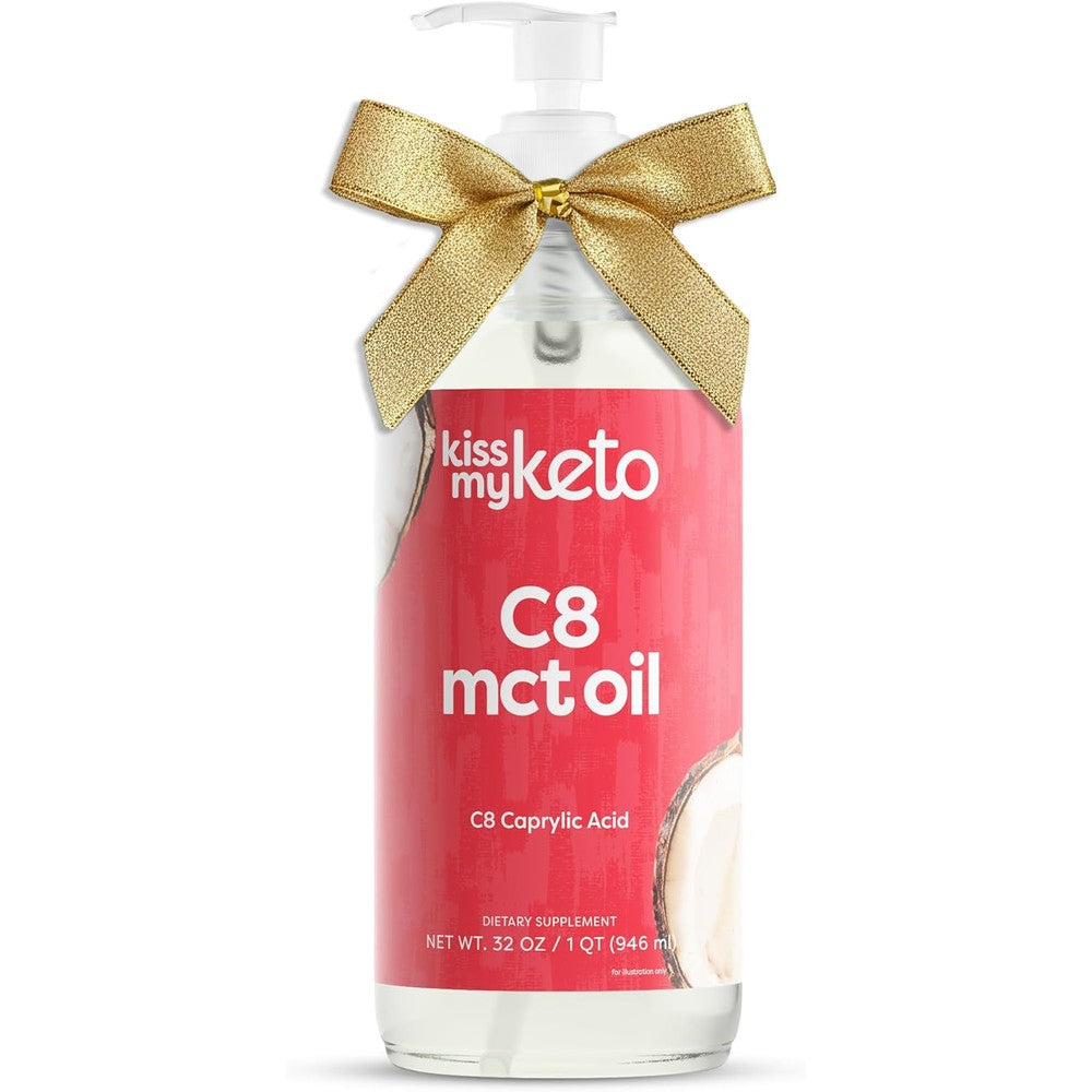 Kiss My Keto C8 MCT Oil Brain Fuel 32 ounce glass bottle front view with dispensing pump