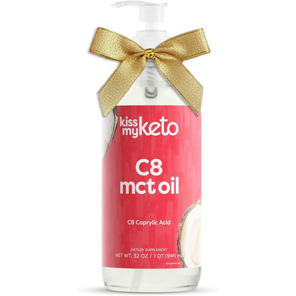 Kiss My Keto C8 MCT Oil Brain Fuel 32 ounce glass bottle front view with dispensing pump