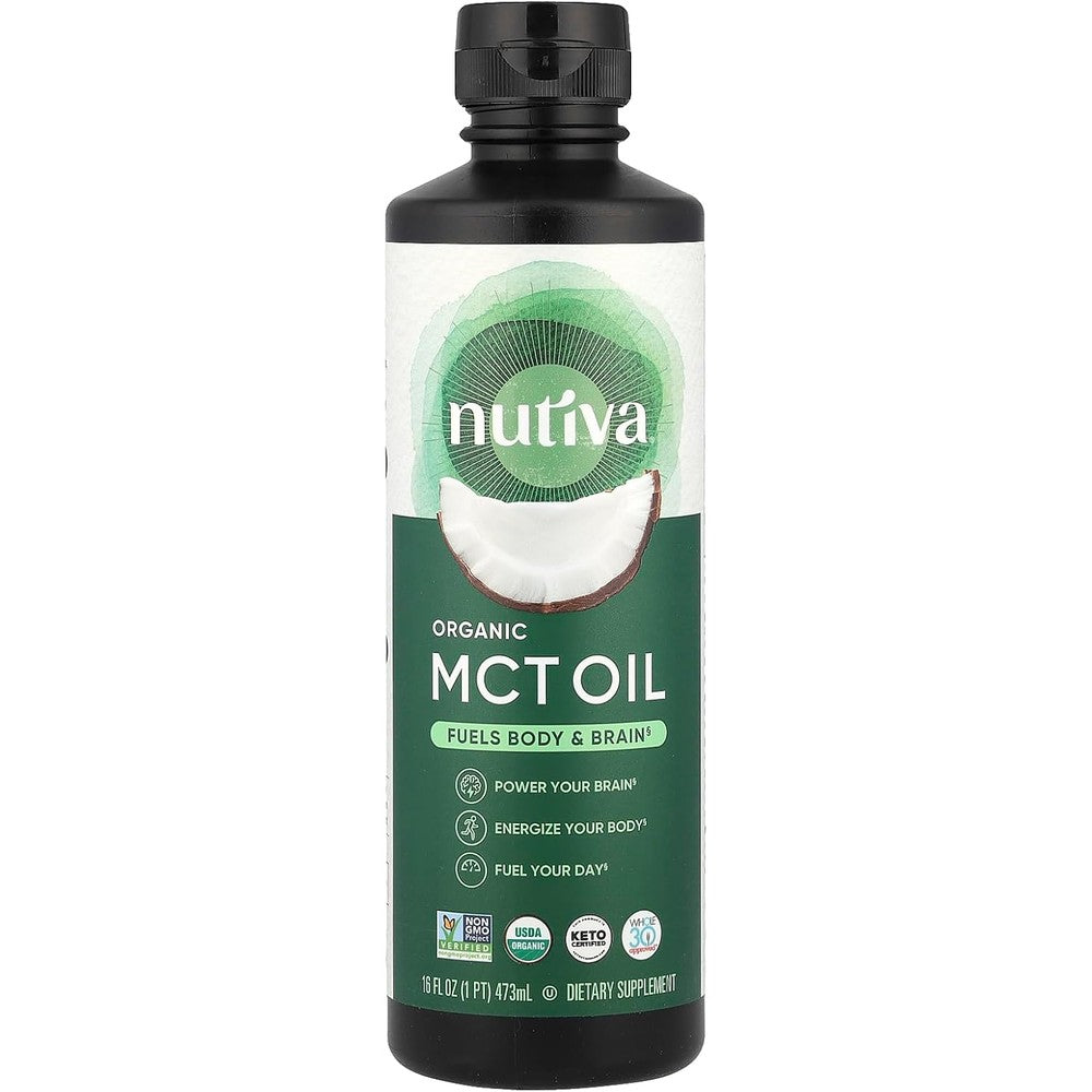 Nutiva Organic MCT Oil 16 Fluid Ounce front view bottle for keto diet supplement