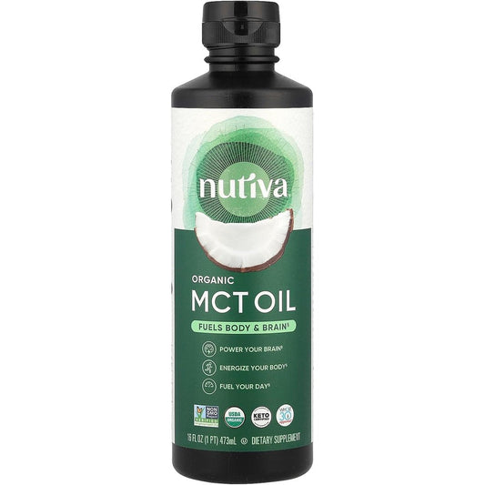 Nutiva Organic MCT Oil 16 Fluid Ounce front view bottle for keto diet supplement