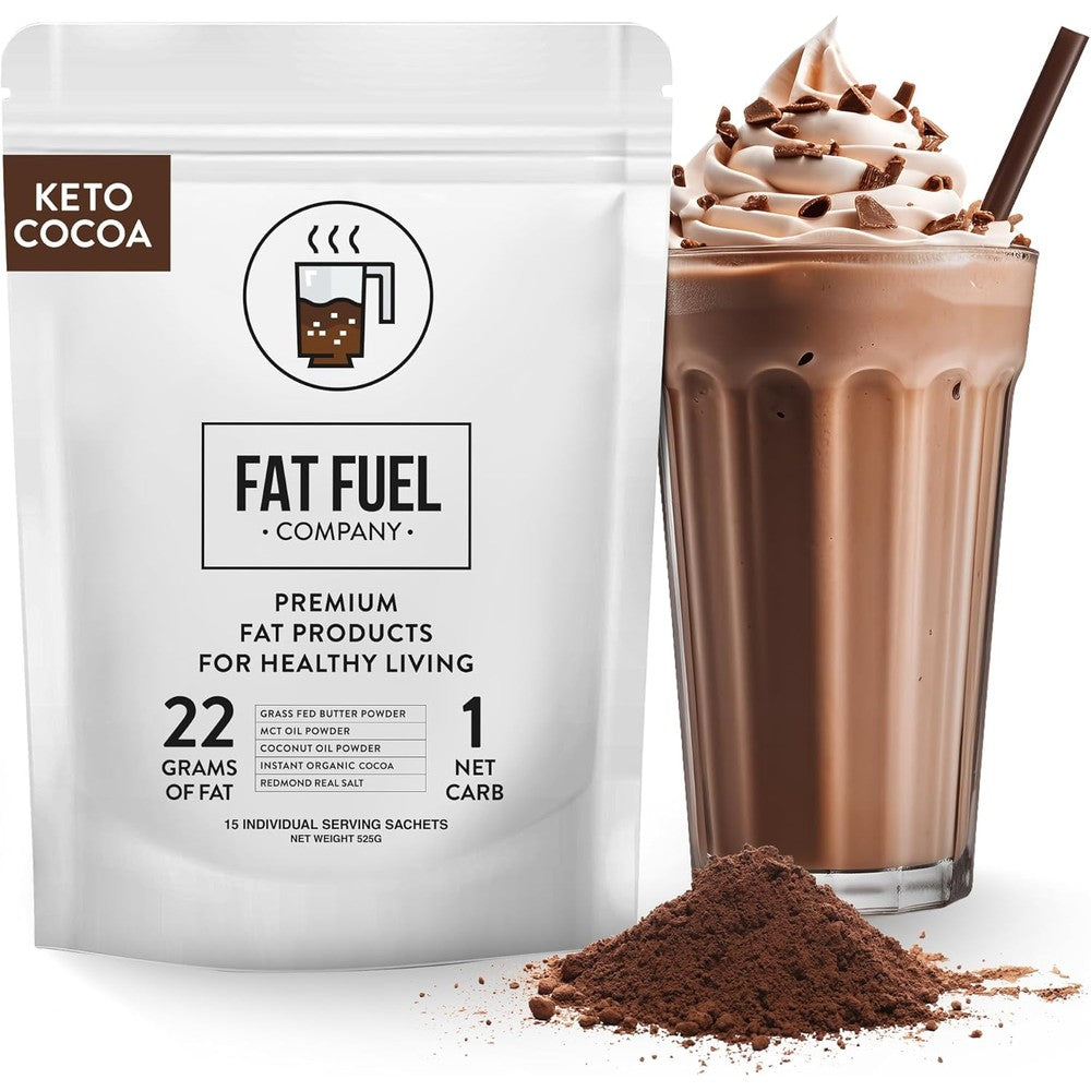 The Fat Fuel Company Keto Cocoa 15 Servings front view packaging showing grass fed butter ingredients