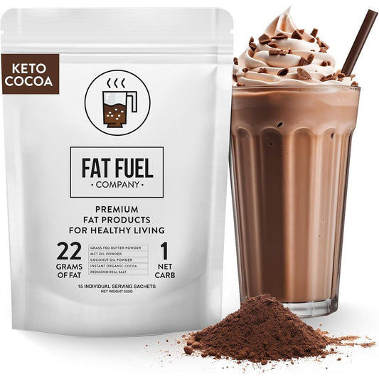 The Fat Fuel Company Keto Cocoa 15 Servings front view packaging showing grass fed butter ingredients