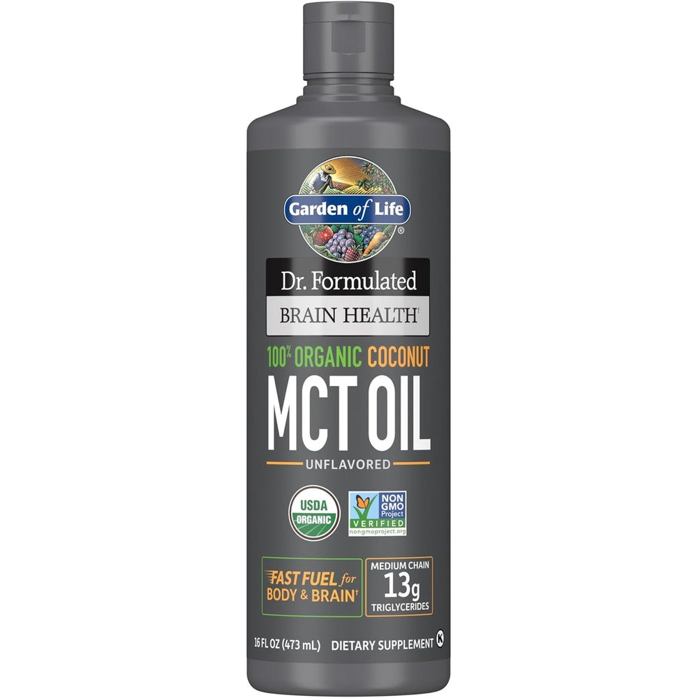 Garden of Life organic coconut MCT oil sixteen fluid ounce front view bottle on white background