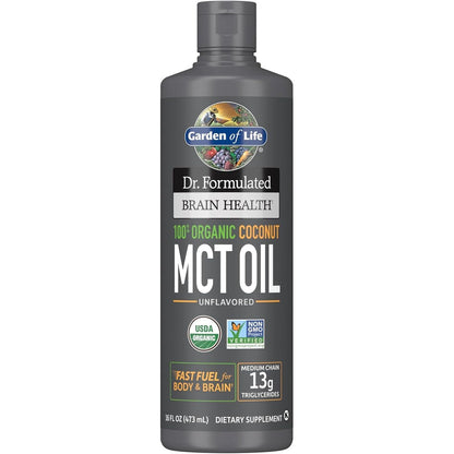 Garden of Life organic coconut MCT oil sixteen fluid ounce front view bottle on white background