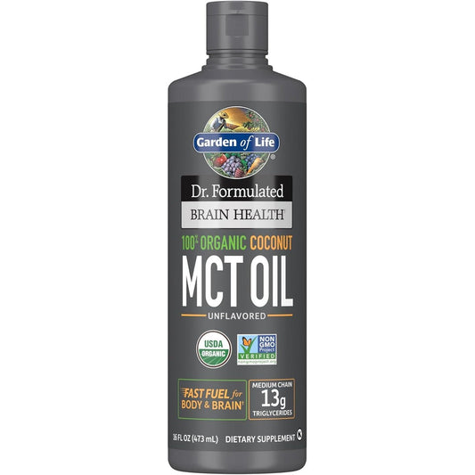 Garden of Life organic coconut MCT oil sixteen fluid ounce front view bottle on white background