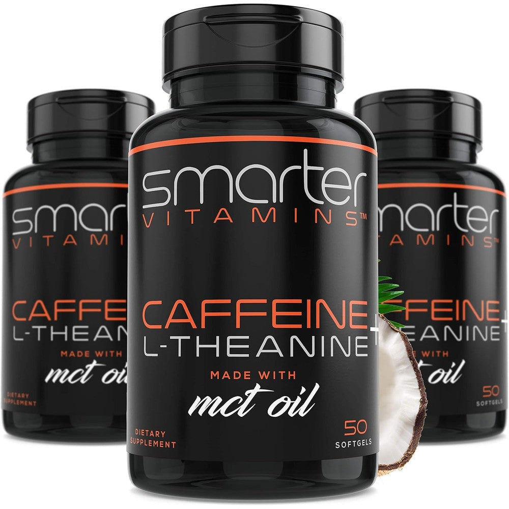 SmarterVitamins Caffeine and L-Theanine three pack bottles front view nootropic supplements for focus
